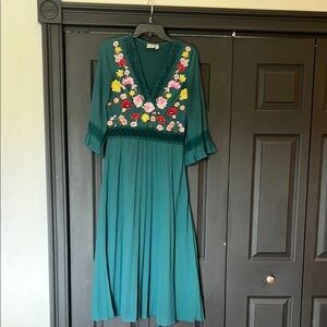 ASOS Green Embroidered Bell Sleeve Pleated Dress.